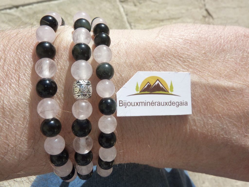 Bracelet-collier Quartz rose-Obsidienne oeil céleste perles 6 mm