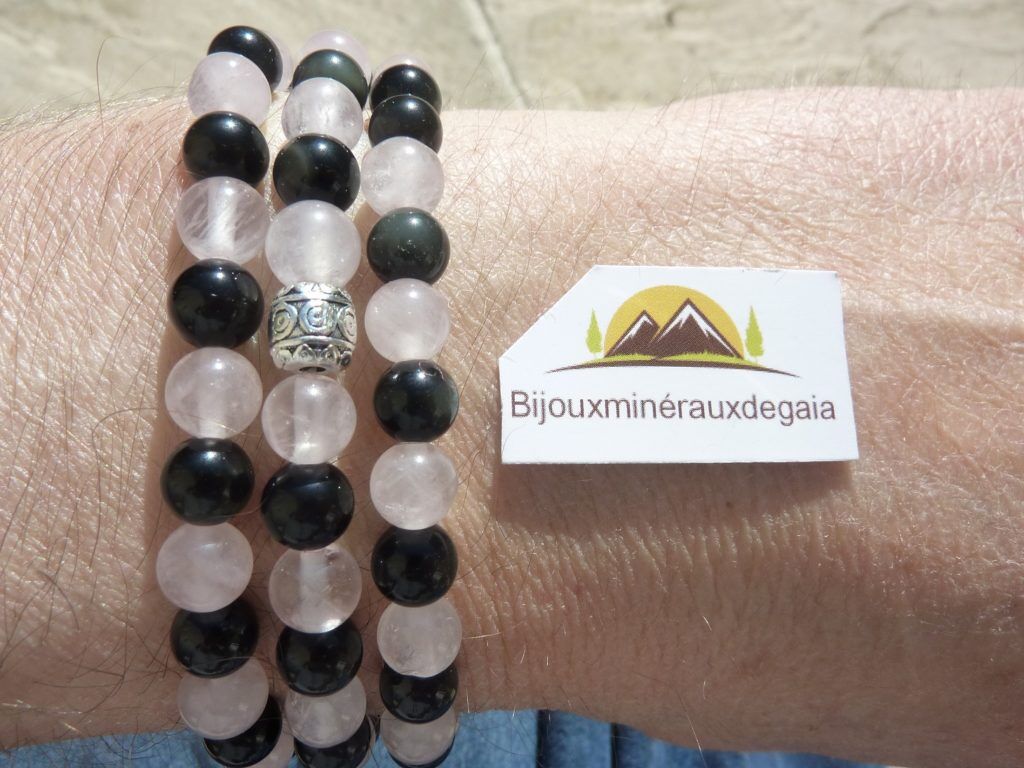 Bracelet-collier Quartz rose-Obsidienne oeil céleste perles 6 mm