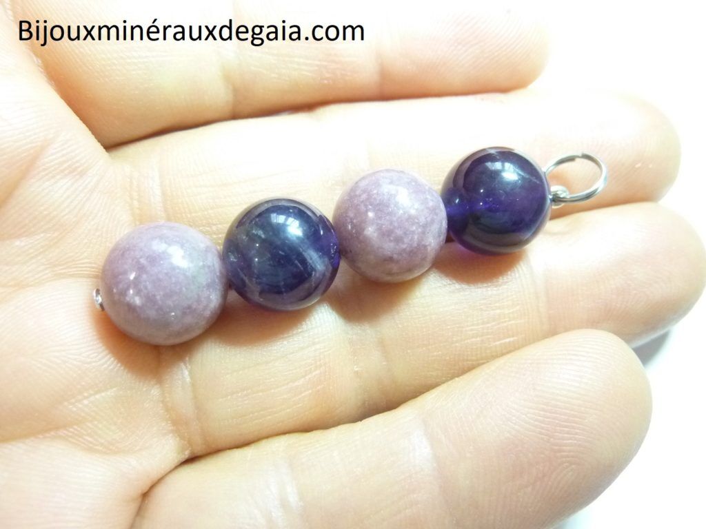Pendentif Lépidolite-Améthyste perles rondes 12 mm