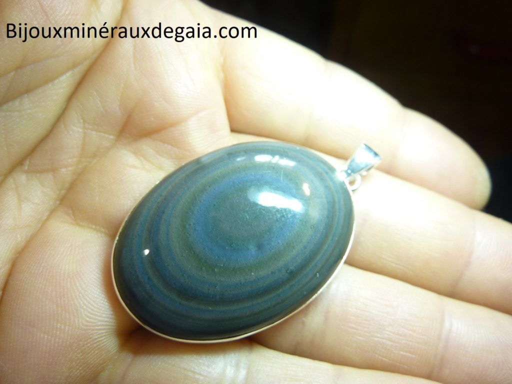 Pendentif obsidienne oeil celeste monture argent 925 r 7954