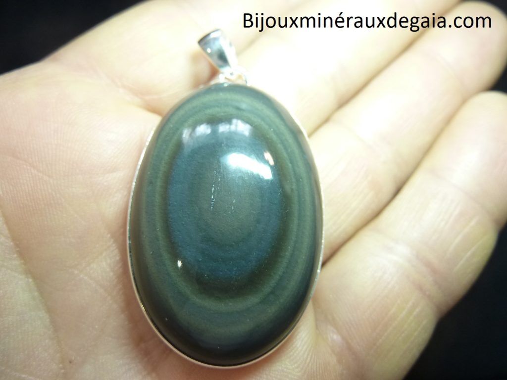 Pendentif obsidienne oeil celeste monture argent 925 r 9505
