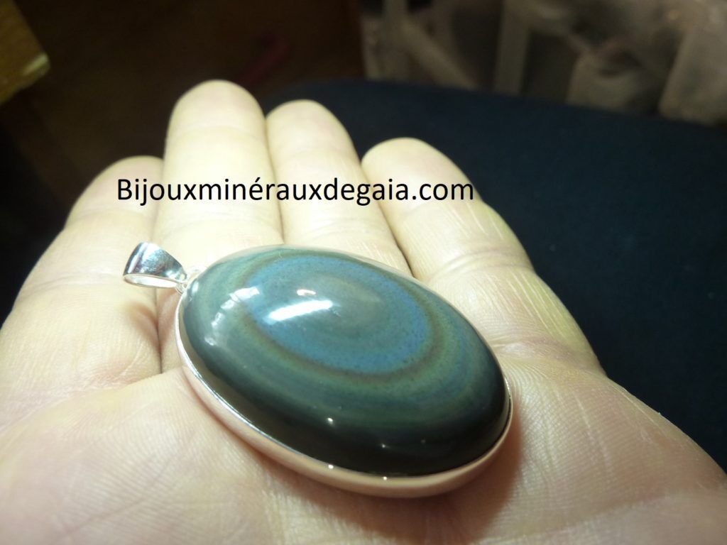 Pendentif obsidienne oeil celeste monture argent 925 r 9505