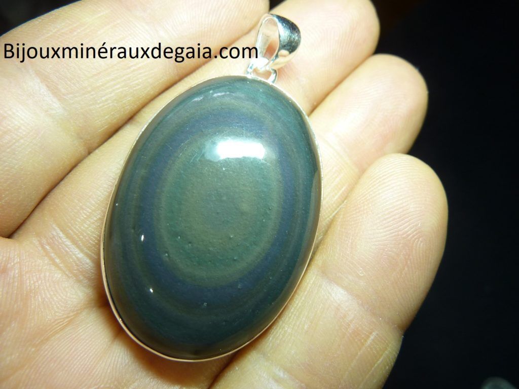 Pendentif obsidienne oeil celeste monture argent 925 r 7528