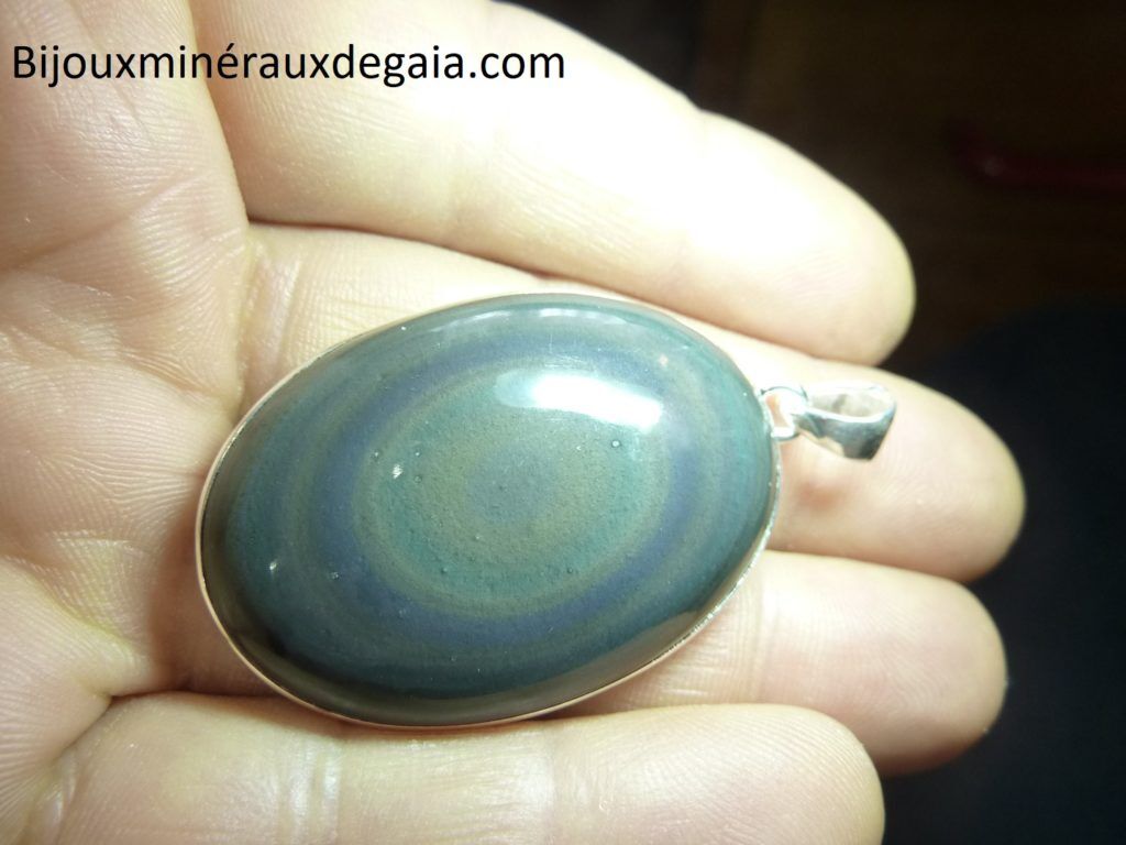 Pendentif obsidienne oeil celeste monture argent 925 r 7528