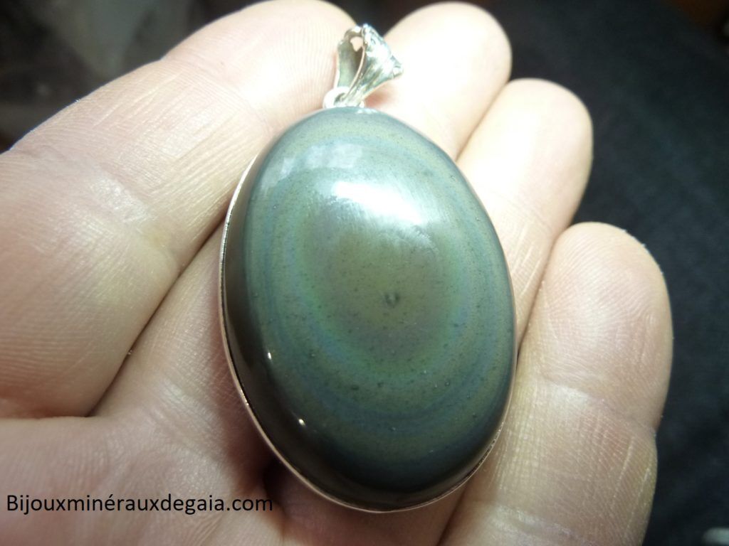 Pendentif obsidienne oeil celeste monture argent 925 ref 5222