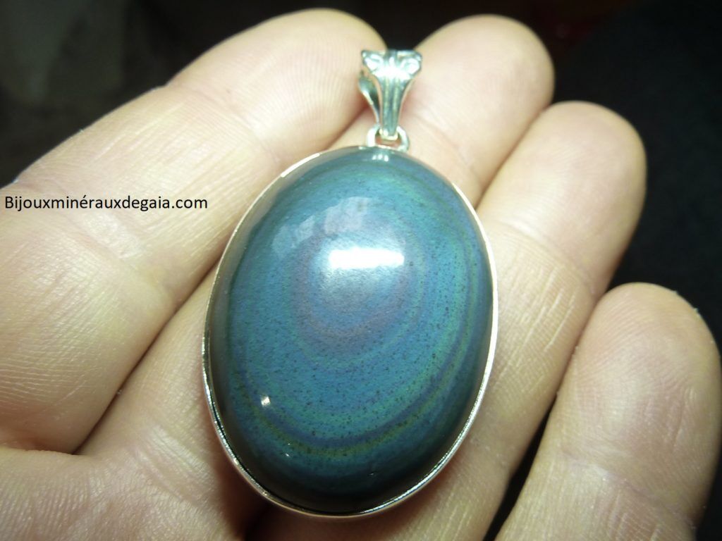 Pendentif obsidienne oeil celeste monture argent 925 ref 4344