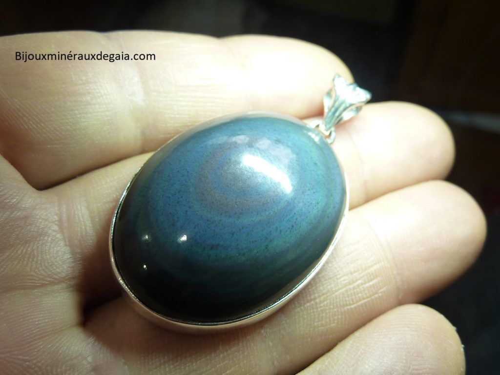 Pendentif obsidienne oeil celeste monture argent 925 ref 4344