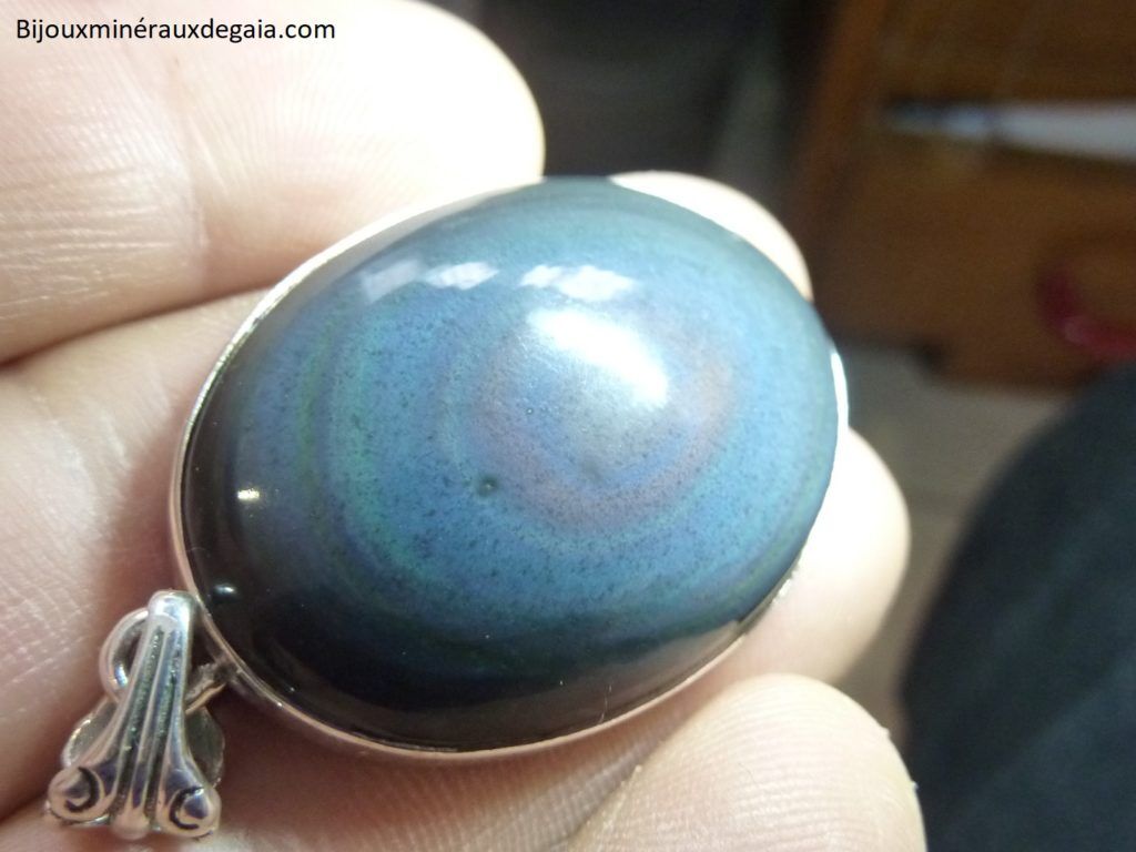 Pendentif obsidienne oeil celeste monture argent 925 ref 4344