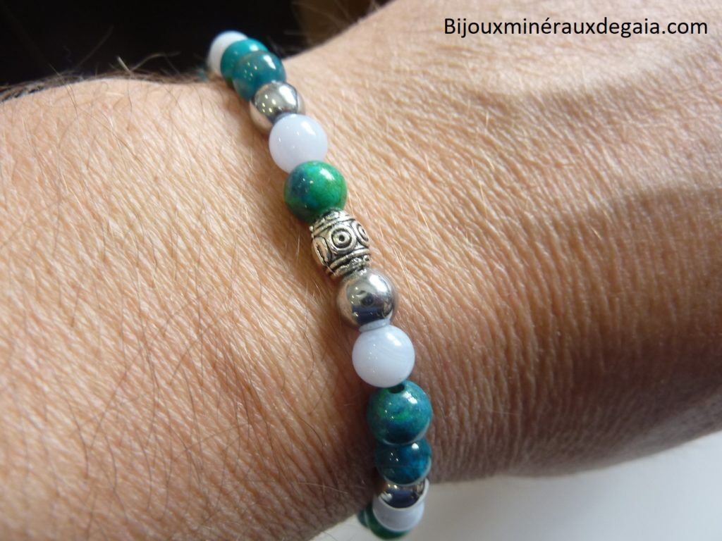 Bracelet Apatite-Hématite-chrysocolle-calcédoine bleue perles rondes 6 mm