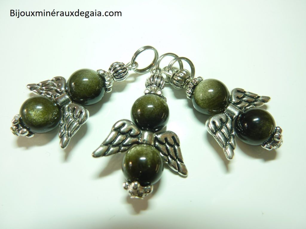 Pendentif Obsidienne dorée ange Perles rondes 8 mm