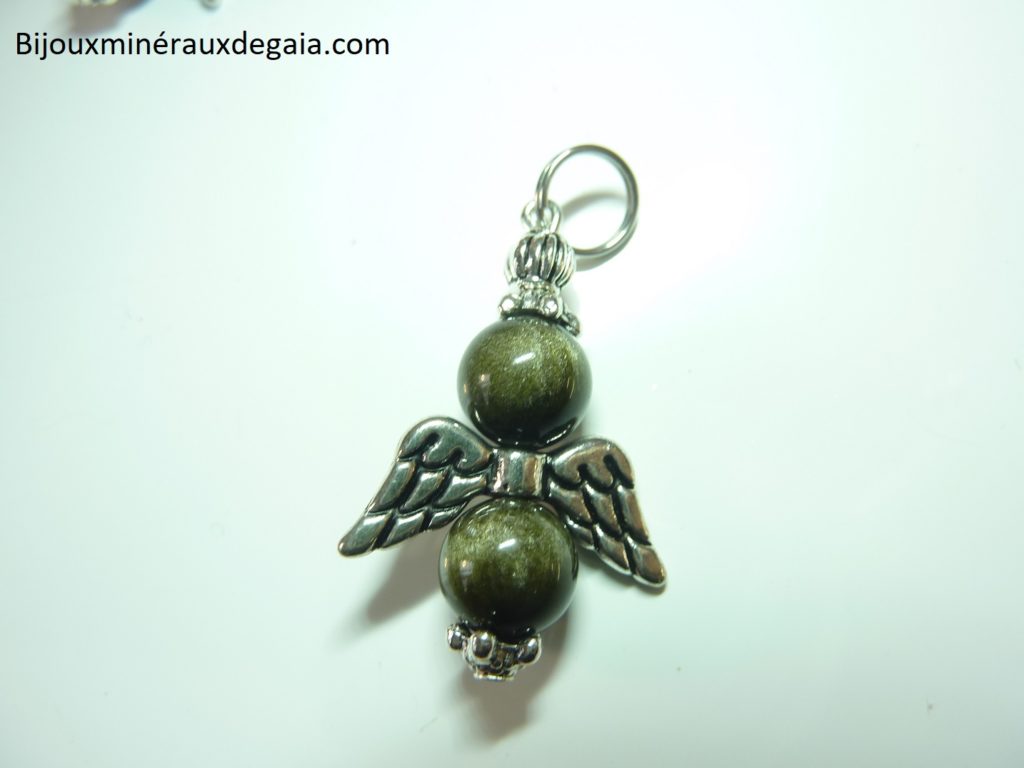 Pendentif Obsidienne dorée ange Perles rondes 8 mm