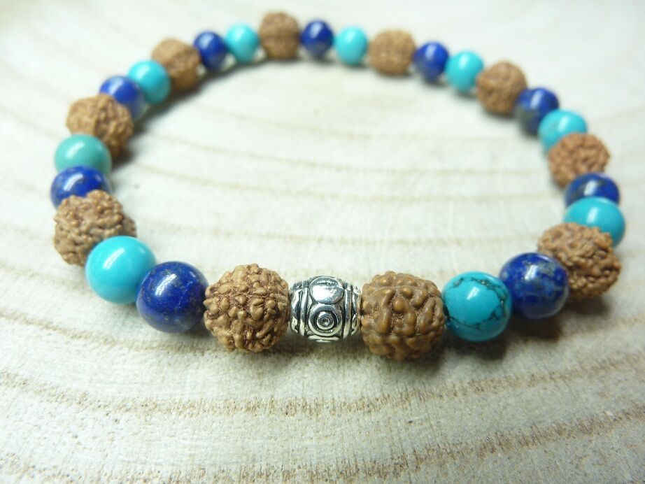 Bracelet Rudraksha-Lapis lazuli-Turquoise - Perles 8-6 mm