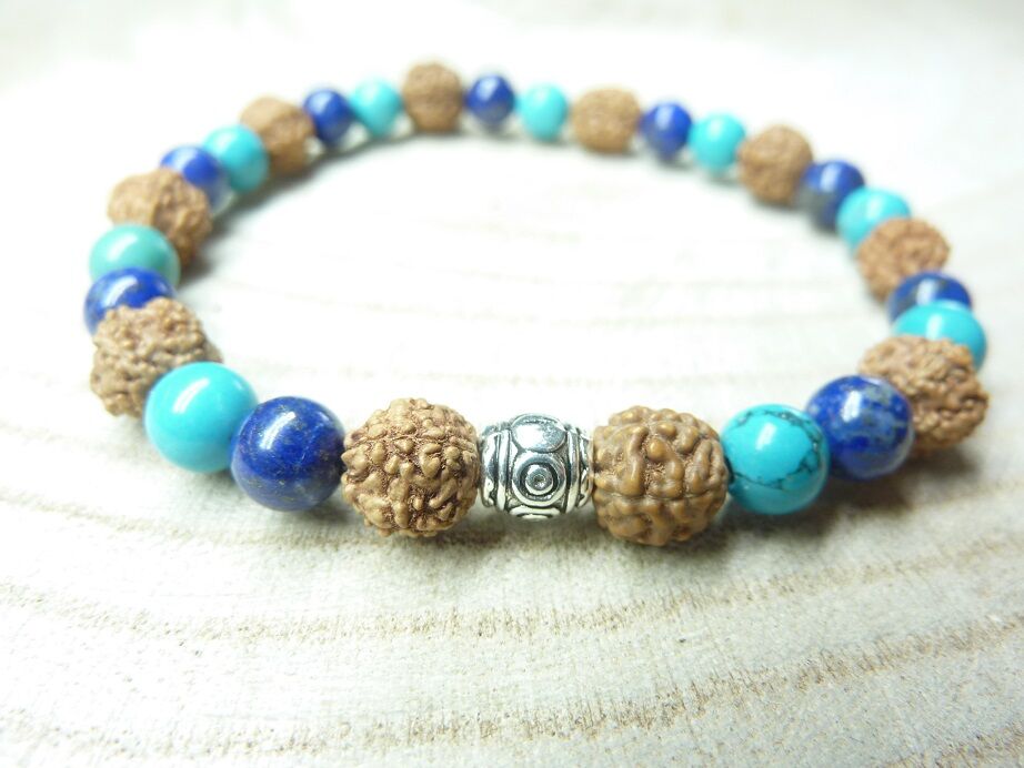 Bracelet Rudraksha-Lapis lazuli-Turquoise - Perles 8-6 mm