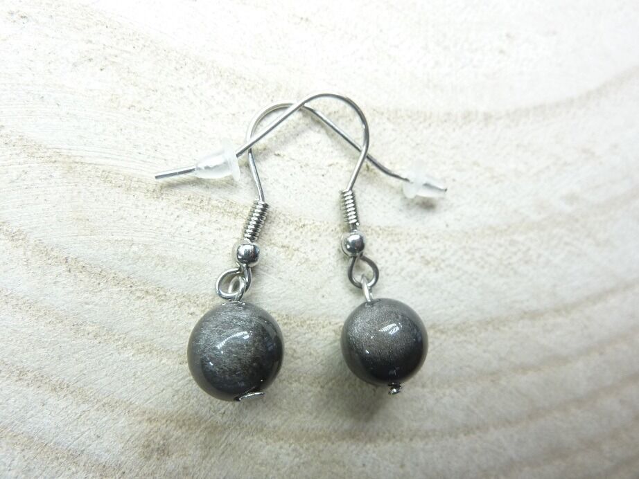 Boucles d'oreilles Obsidienne argentée perles rondes 8 mm