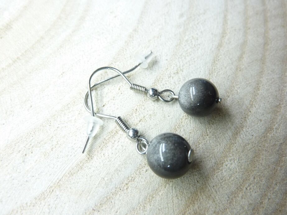 Boucles d'oreilles Obsidienne argentée perles rondes 8 mm