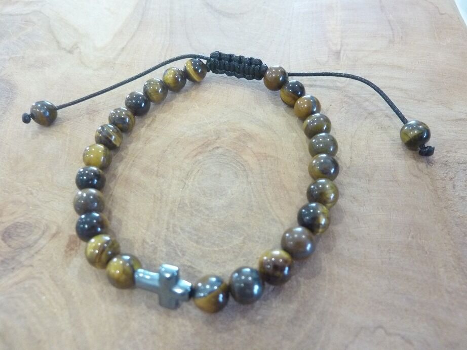 Bracelet Oeil de tigre-Croix réglable perles 6 mm – Image 4