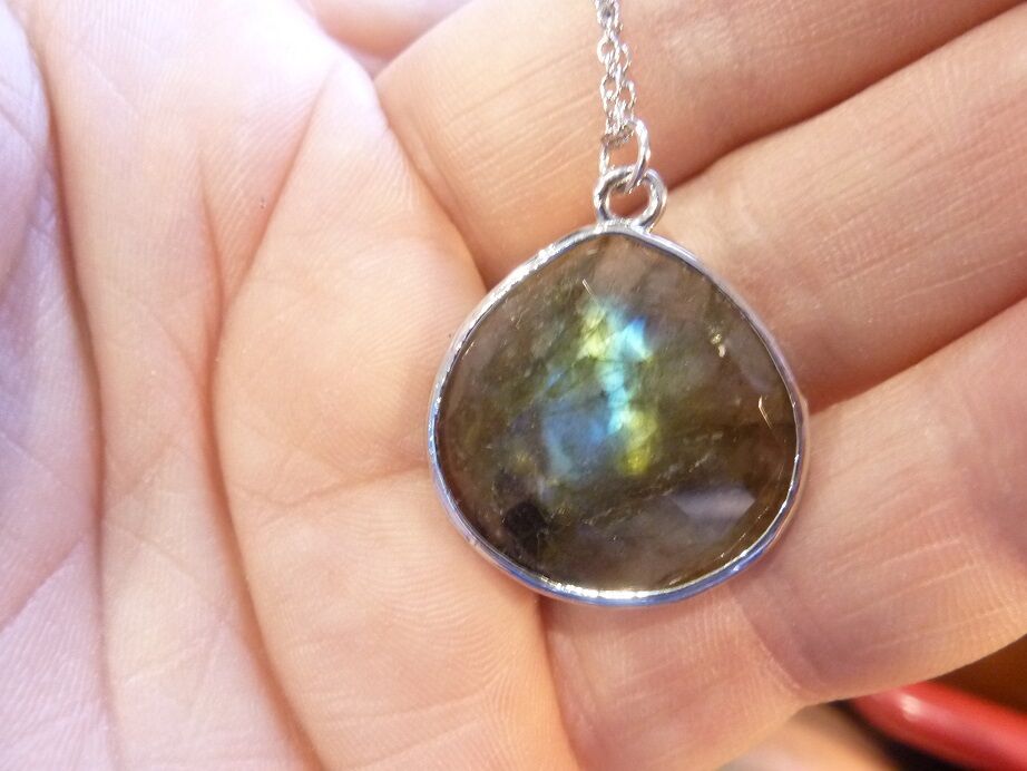 Collier pendentif Labradorite GG 3508 + chaine acier inoxydable 49 cm ref argent