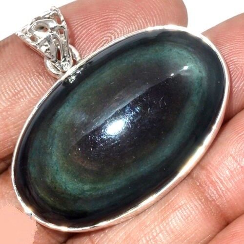 Pendentif protection obsidienne oeil celeste monture argent 925 ref 3332