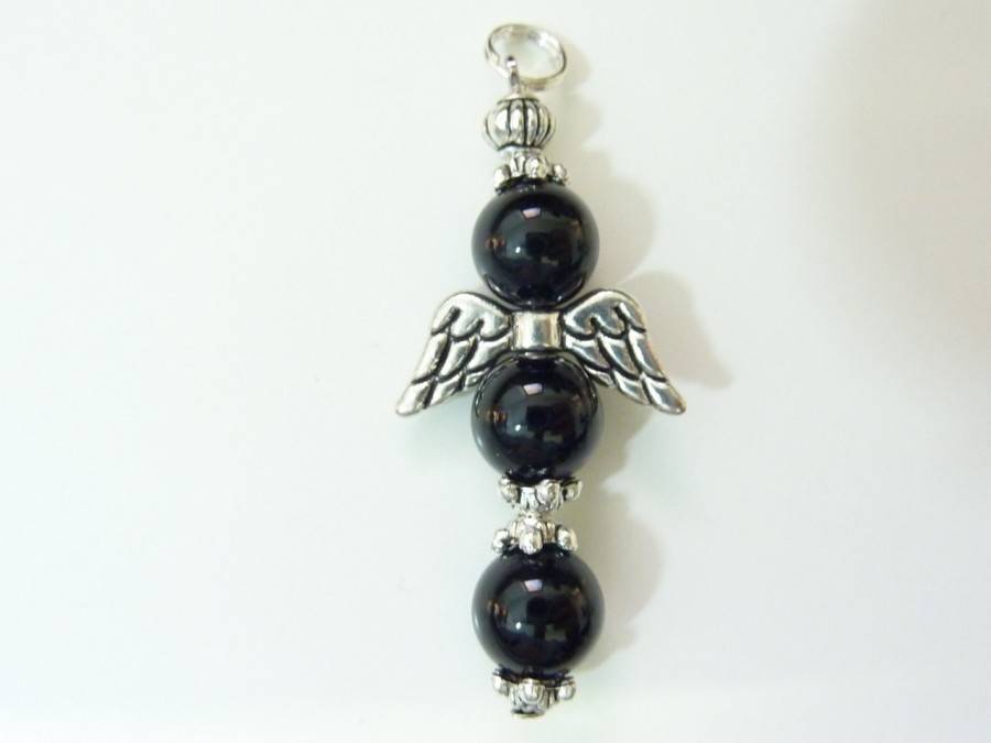 PENDENTIF CROIX ANGE EN TOURMALINE NOIRE PERLES 8MM