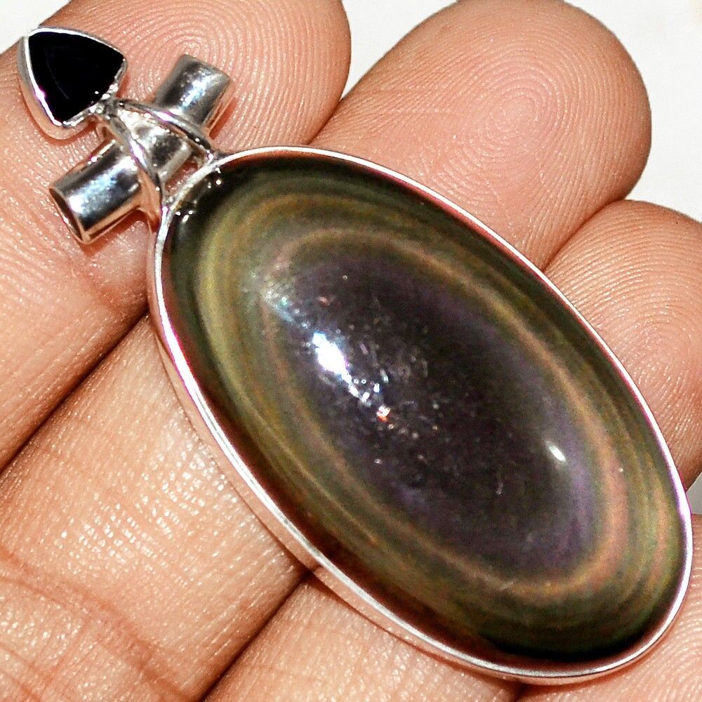 Pendentif protection obsidienne oeil celeste-Spinelle argent 925 ref 1762