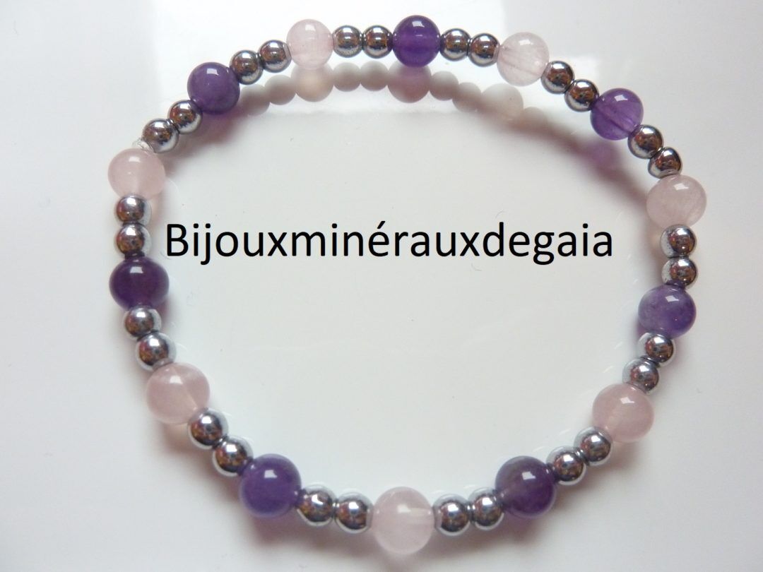 Bracelet Quartz rose-Améthyste-Hématite perles rondes 6-4 mm