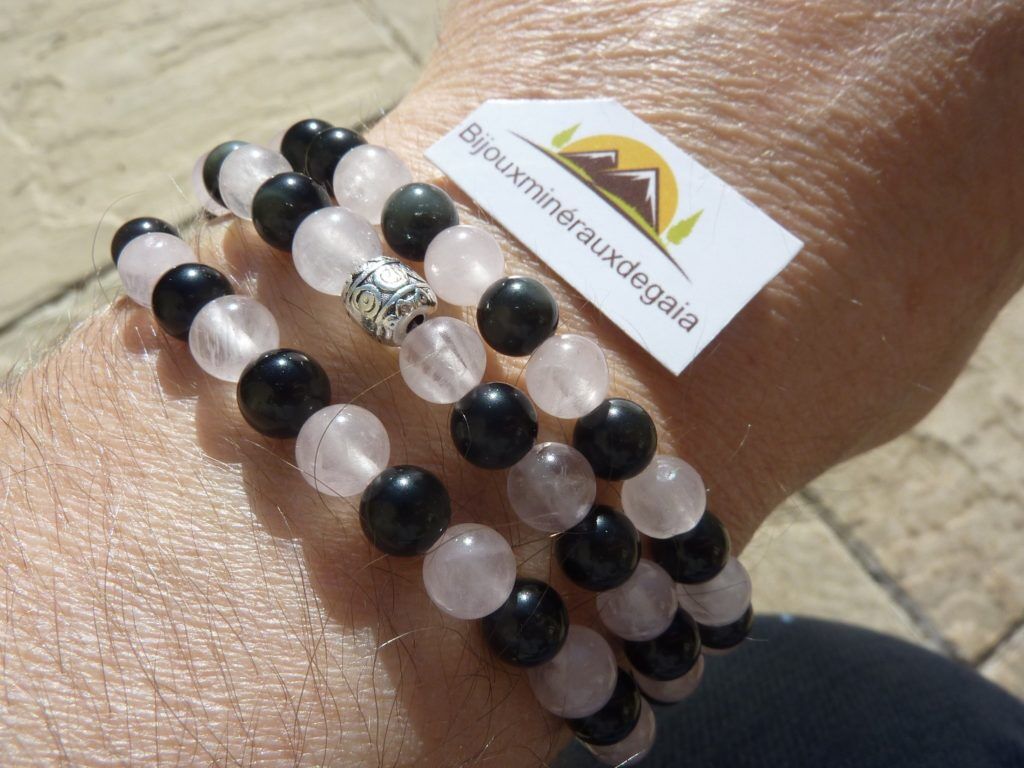 Bracelet-collier Quartz rose-Obsidienne oeil céleste perles 6 mm