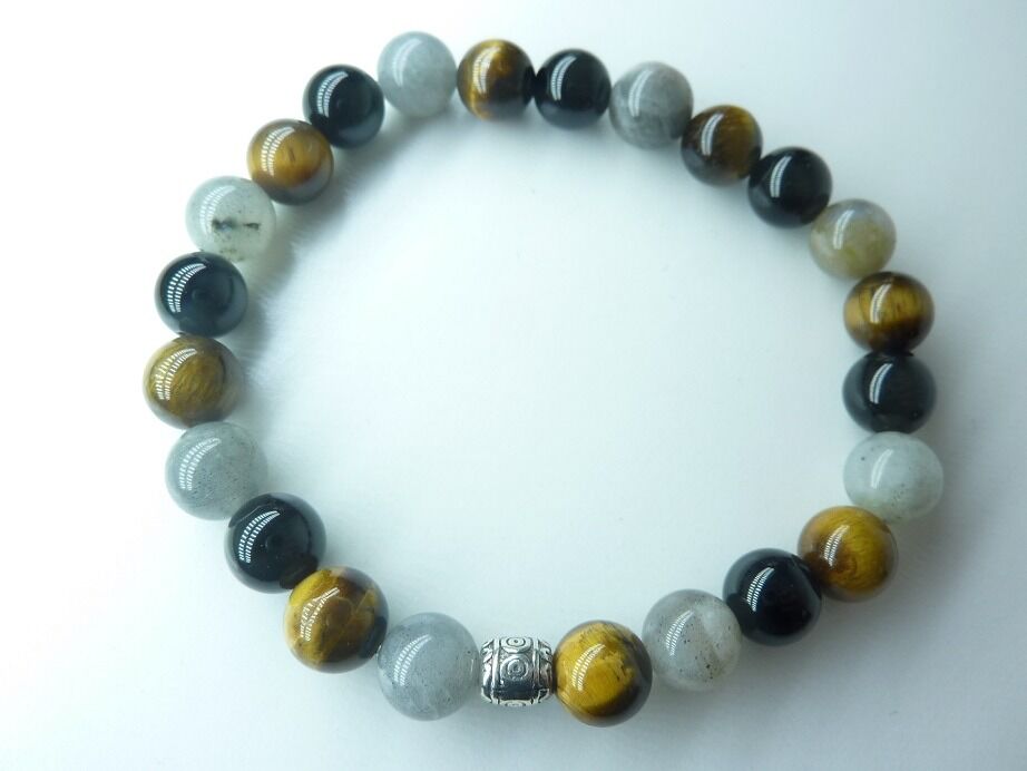 Bracelet protection Oeil de tigre-Labradorite-Tourmaline noire-perles rondes 8 mm