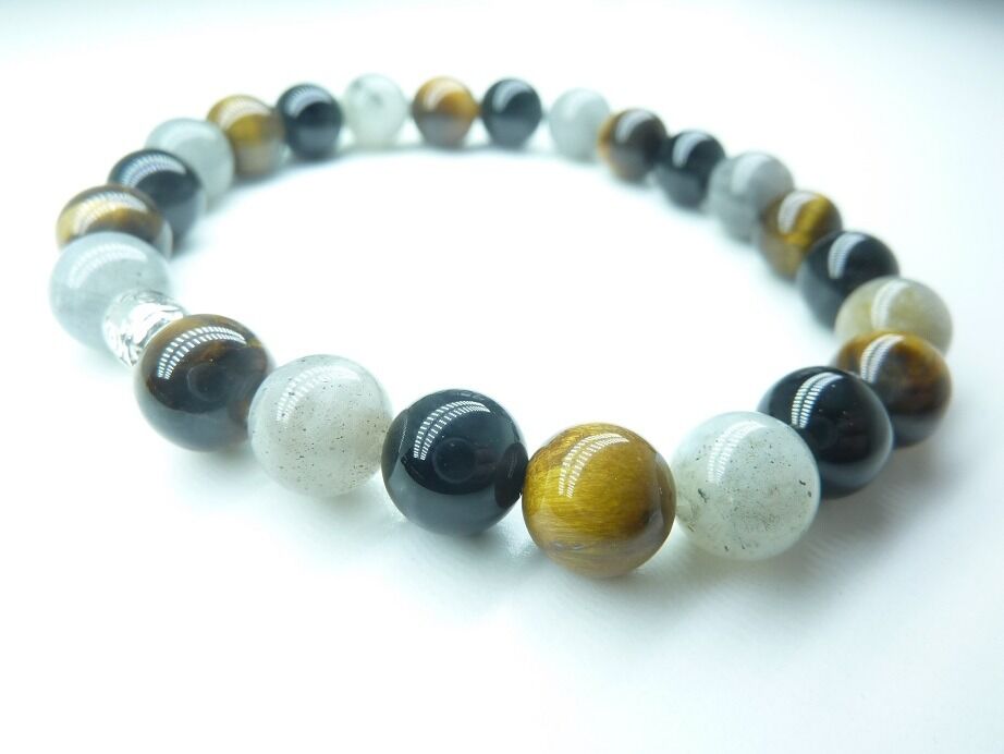 Bracelet protection Oeil de tigre-Labradorite-Tourmaline noire-perles rondes 8 mm