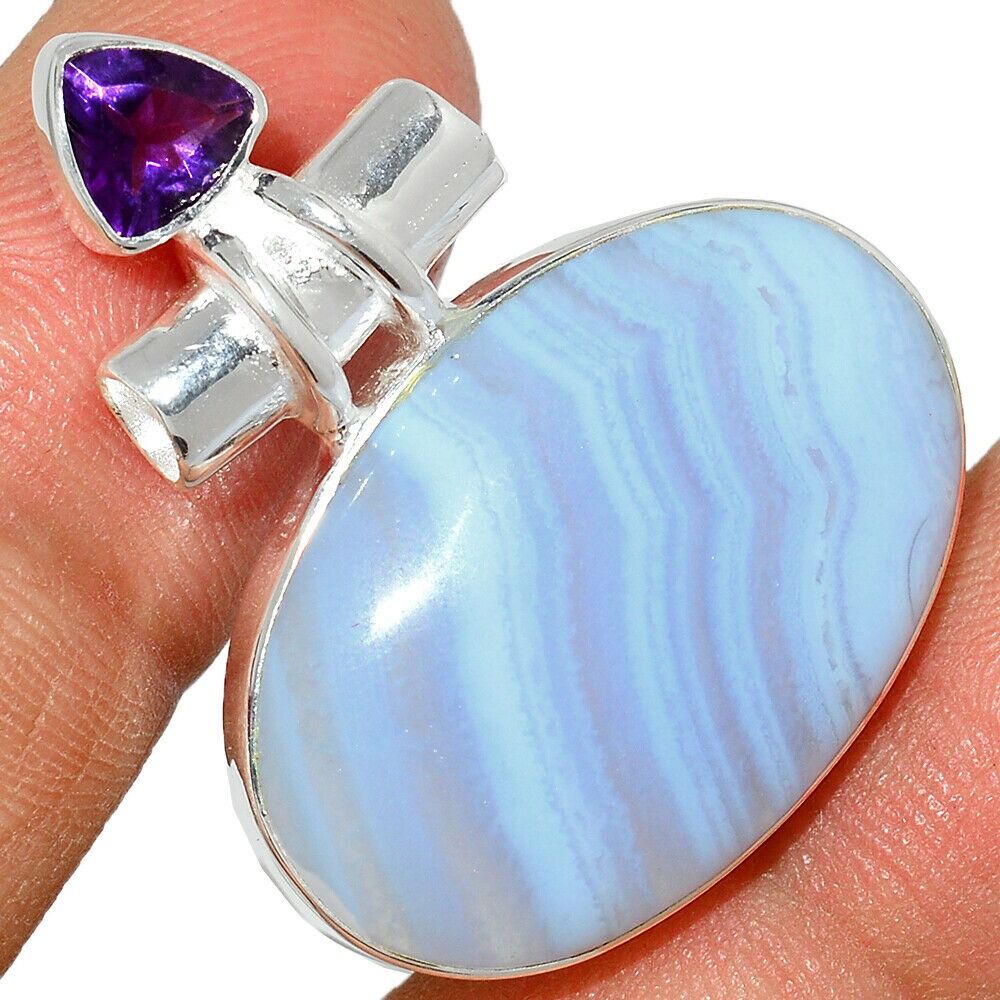 Pendentif calcédoine bleu-Améthyste monture argent 925 ref 1531