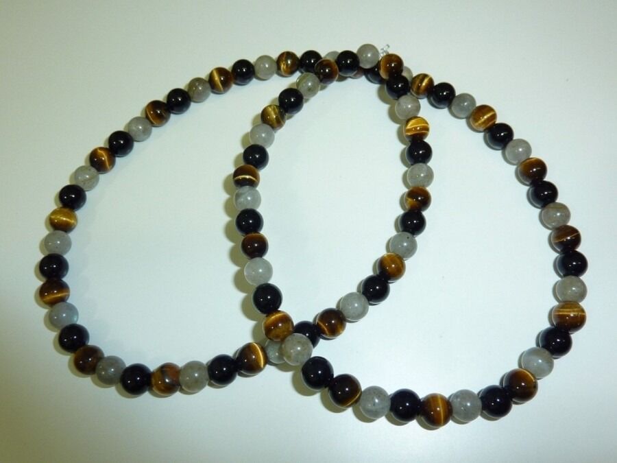 COLLIER PROTECTION EXTREME OEIL DE TIGRE LABRADORITE TOURMALINE NOIRE 6 MM