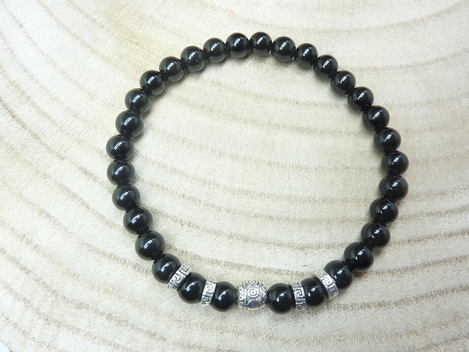 Bracelet tourmaline noire perles rondes 6mm et plaqué argent