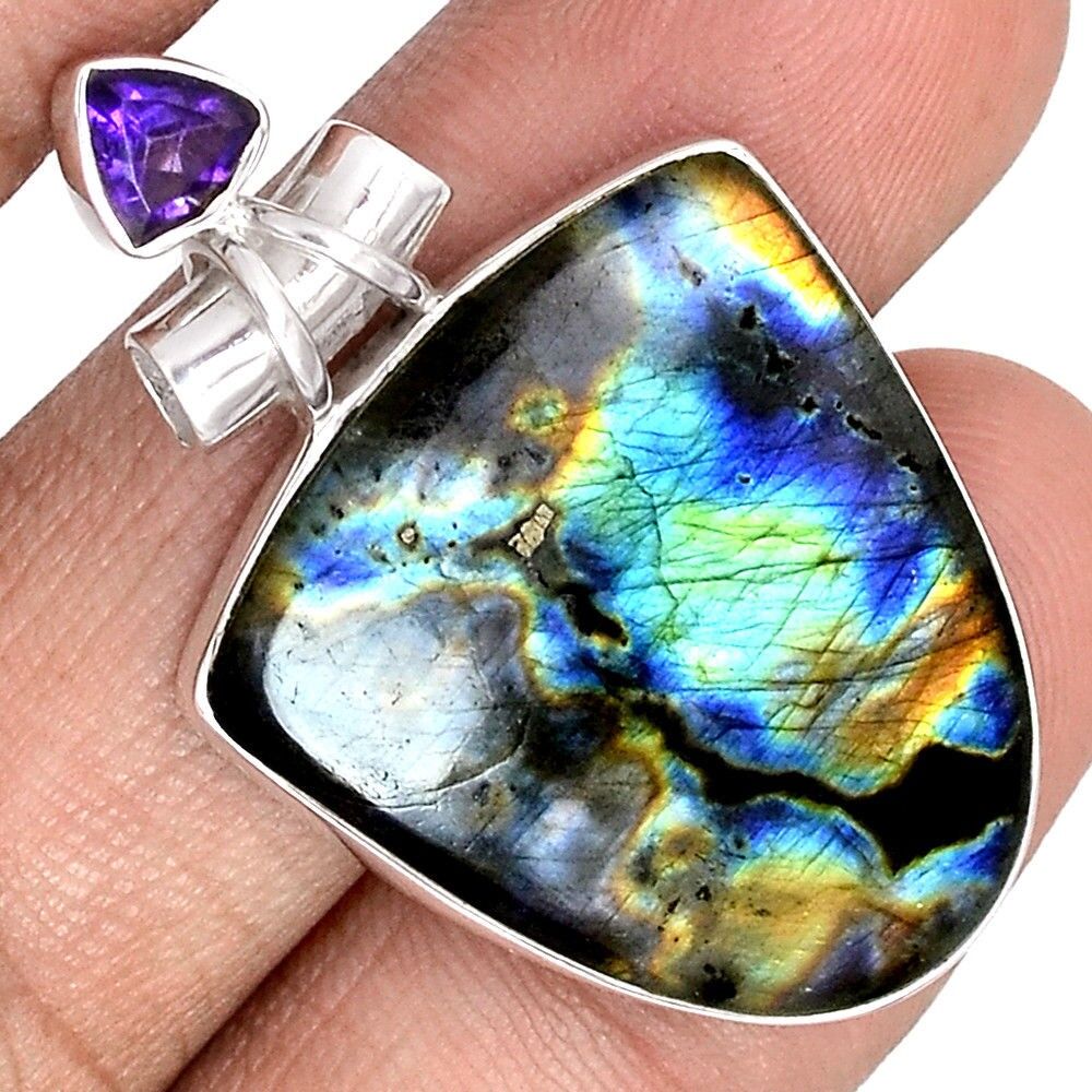 Pendentif Labradorite et améthyste monture argent 925 ref 4311