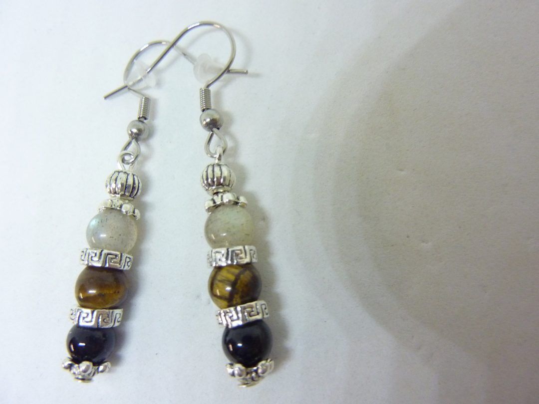BOUCLES D'OREILLES OEIL DE TIGRE-LABRADORITE-TOURMALINE NOIRE