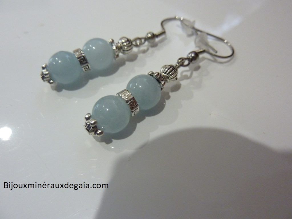 Boucles d'oreilles Aigue marine-Perles rondes 8 mm