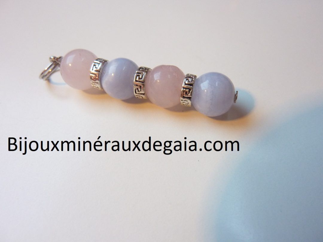 Pendentif calcédoine bleue-Quartz rose rupture amoureuse