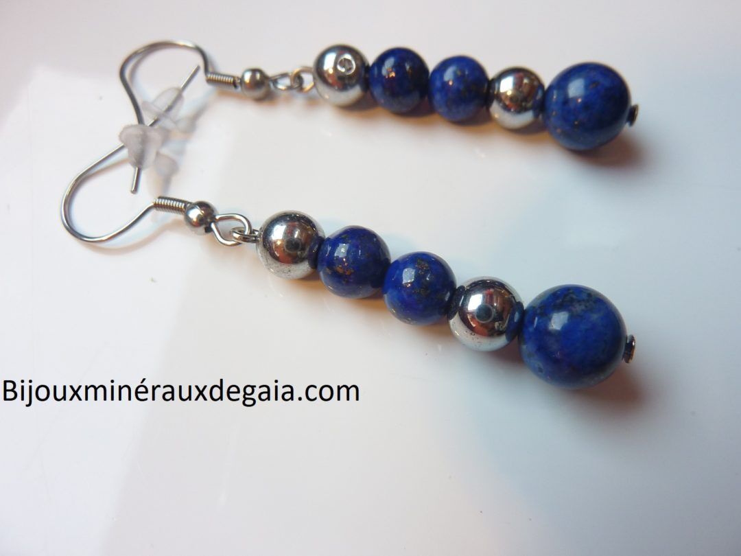 BOUCLES D'OREILLES LAPIS LAZULI,HEMATITE PERLES RONDES 8-6 MM