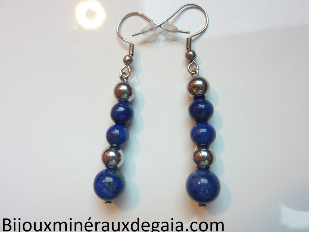 BOUCLES D'OREILLES LAPIS LAZULI,HEMATITE PERLES RONDES 8-6 MM