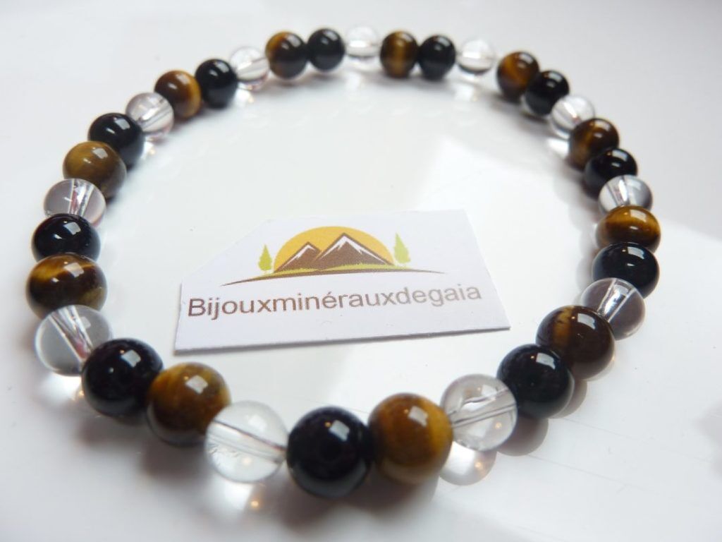 Bracelet quartz cristal de roche-Oeil de tigre-Tourmaline noire - 6 mm
