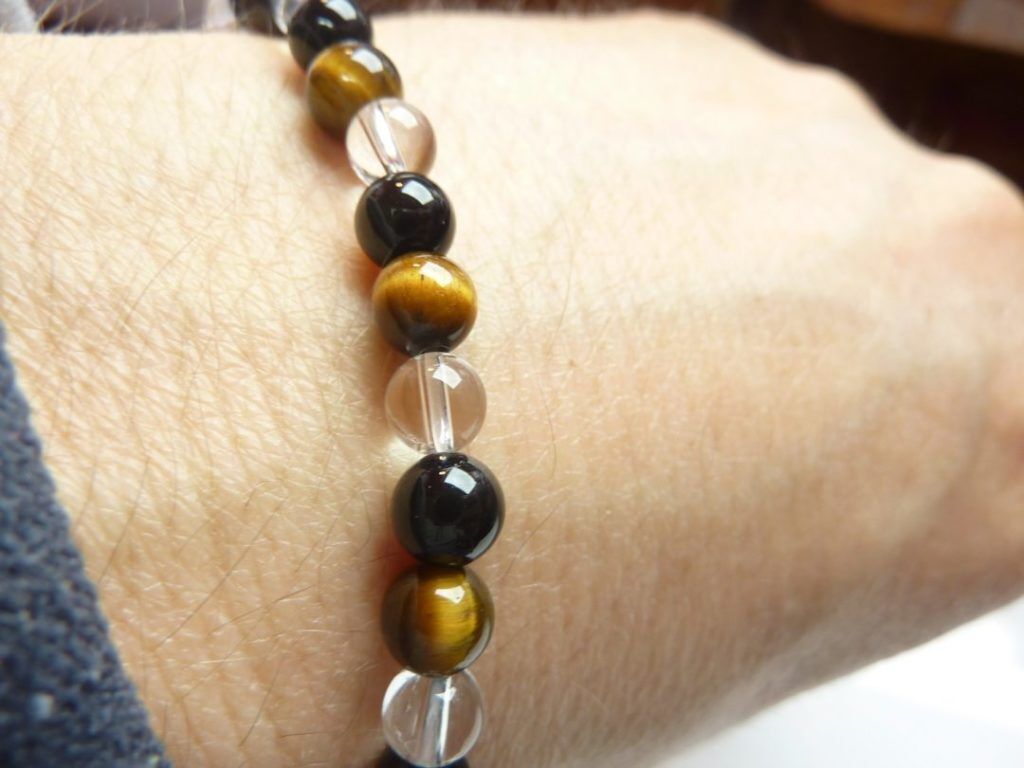 Bracelet quartz cristal de roche-Oeil de tigre-Tourmaline noire - 6 mm
