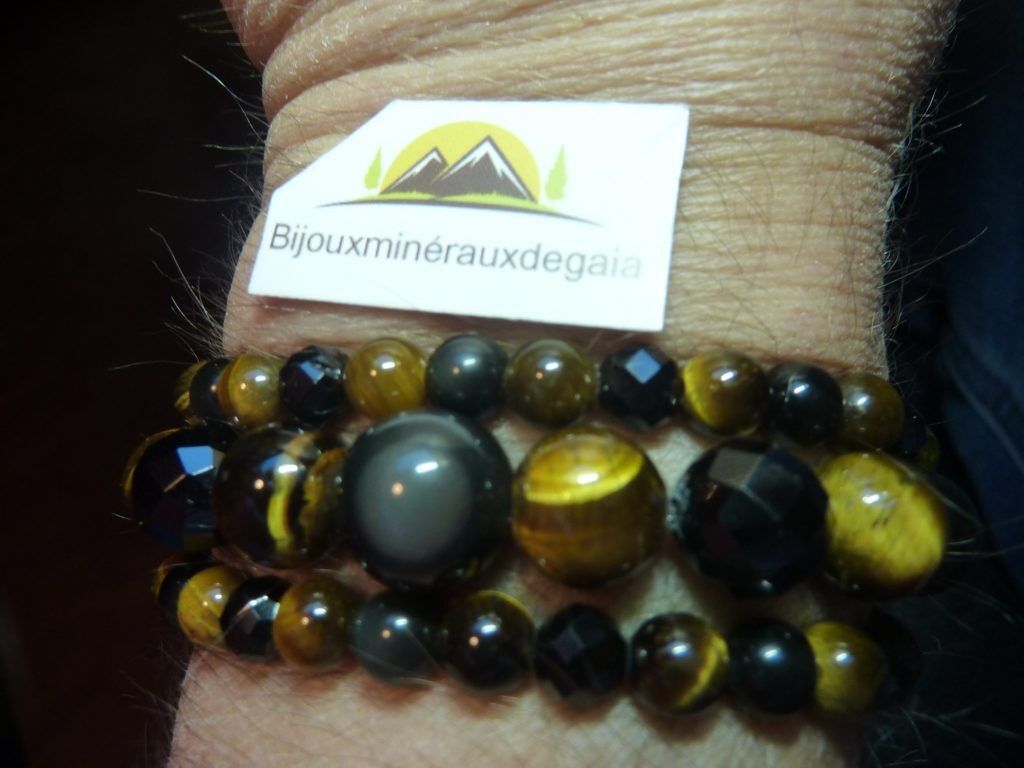 Bracelet-Collier Spinelle noir-Obsidienne Oeil céleste-Oeil de tigre