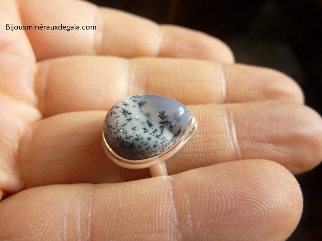 Bague Merlinite opale dentritique Monture argent 925 Taille 58 1/2 REF 7909