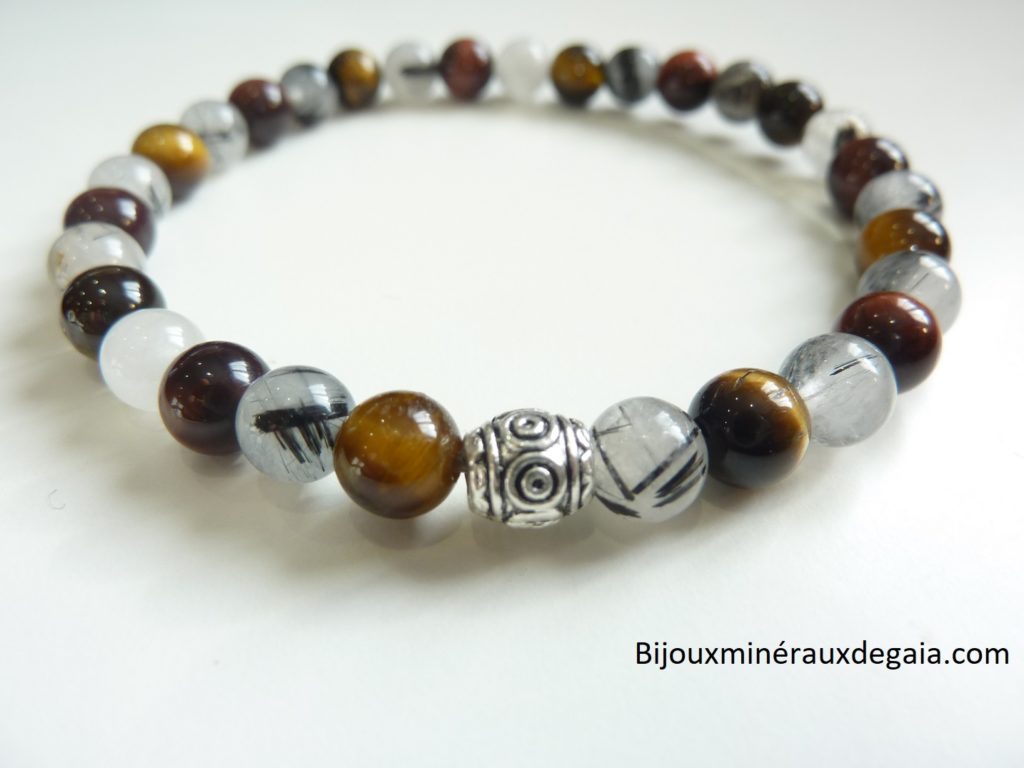 Bracelet Quartz tourmaliné-Oeil de tigre-oeil de taureau Perles rondes 6 mm