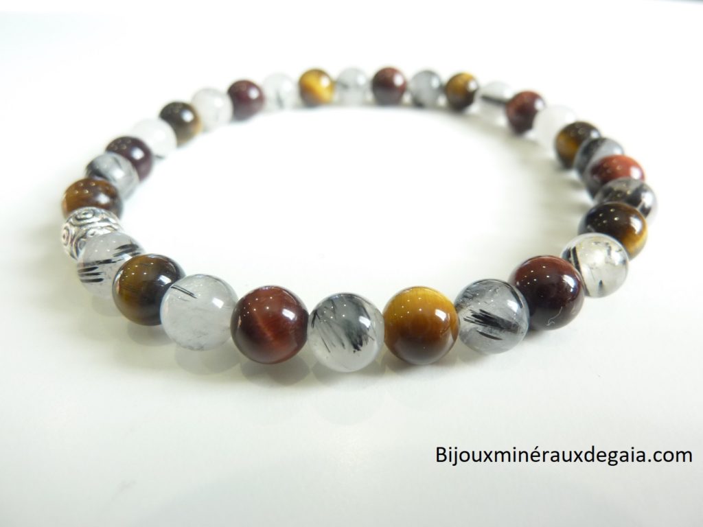 Bracelet Quartz tourmaliné-Oeil de tigre-oeil de taureau Perles rondes 6 mm