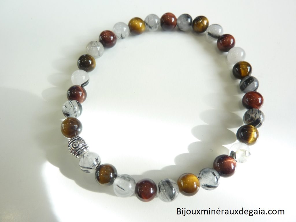 Bracelet Quartz tourmaliné-Oeil de tigre-oeil de taureau Perles rondes 6 mm
