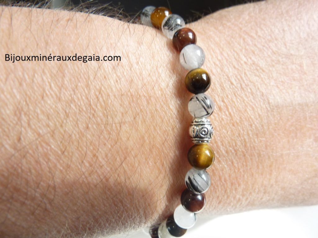 Bracelet Quartz tourmaliné-Oeil de tigre-oeil de taureau Perles rondes 6 mm
