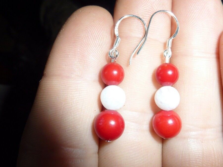 BOUCLES D'OREILLES CORAIL ROUGE-PIERRE DE LUNE 8-6 mm