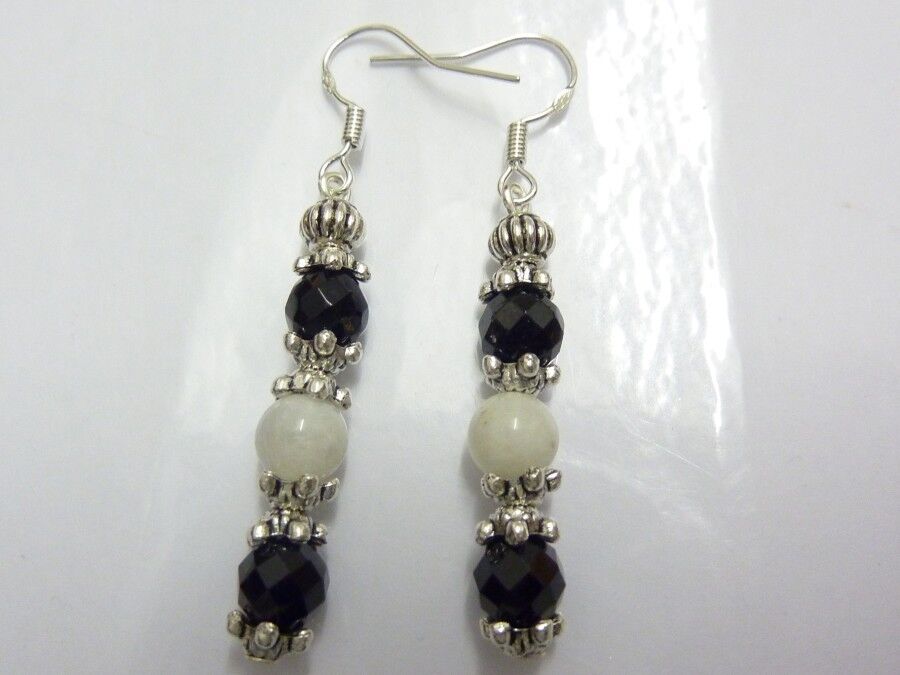 BOUCLES D'OREILLES SPINELLE TOURMALINE NOIRE PIERRE DE LUNE PERLES 6MM