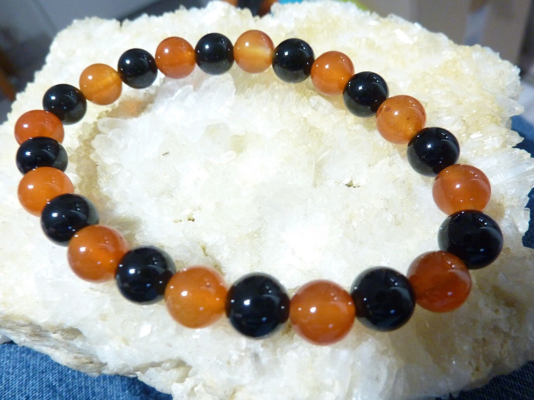 Bracelet tourmaline noire et cornaline perles rondes 8mm – Image 2