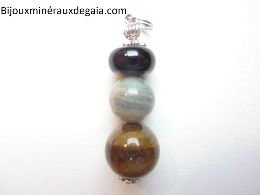 Pendentif oeil de tigre-labradorite-tourmaline noire