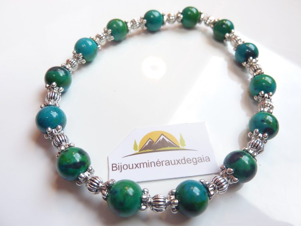 Bracelet azurite chrysocolle perles rondes à 8mm et argent plaqué